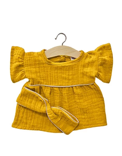 MINIKANE lėlės suknelė ir galvajuostė, mustard